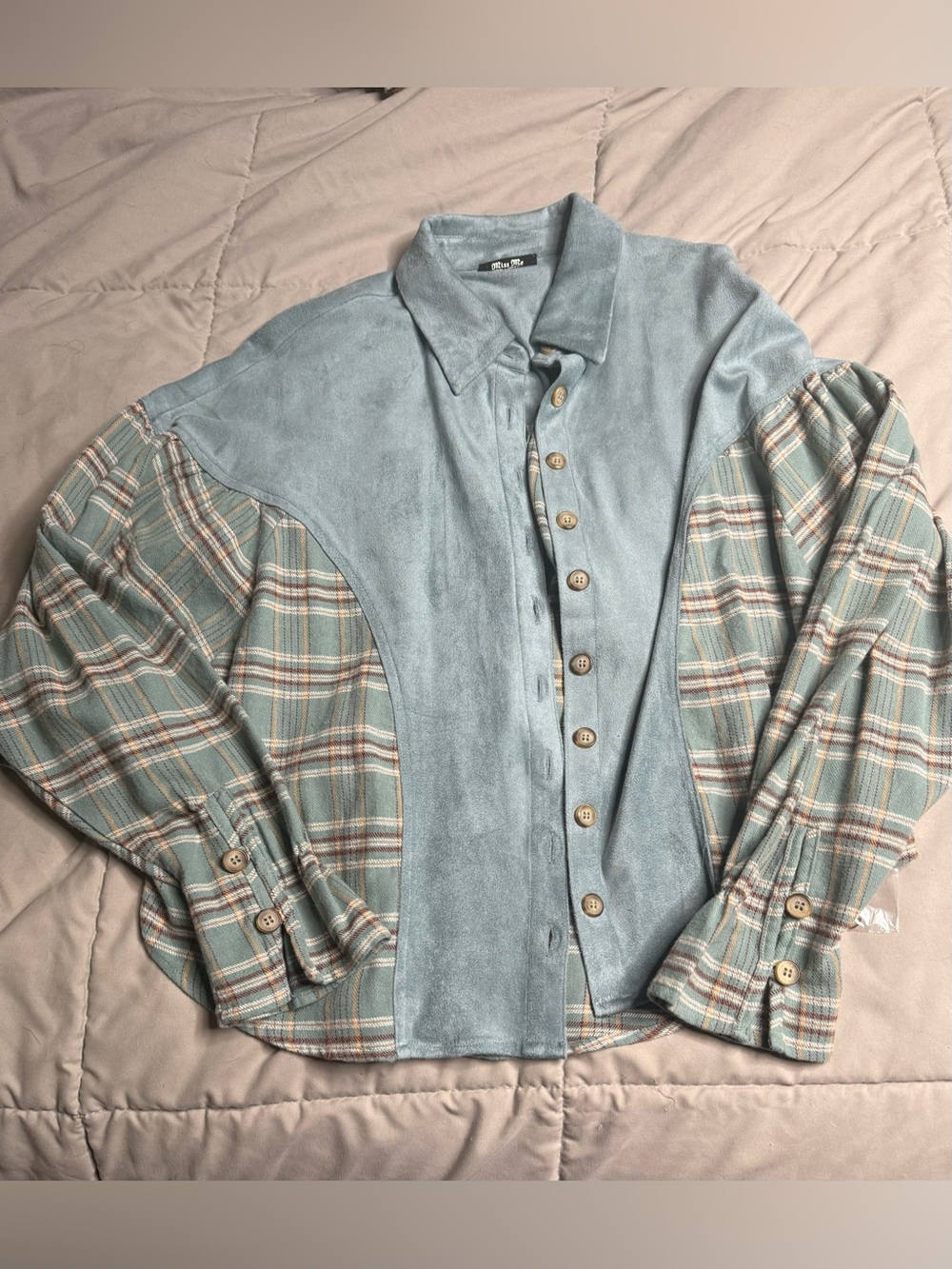 Miss Me Light Blue Suede & Plaid Button-Up Shirt Jacket, Brand New